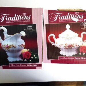 Traditions-Sugar with cover and Creamer set of bowls Moss Rose Pattern